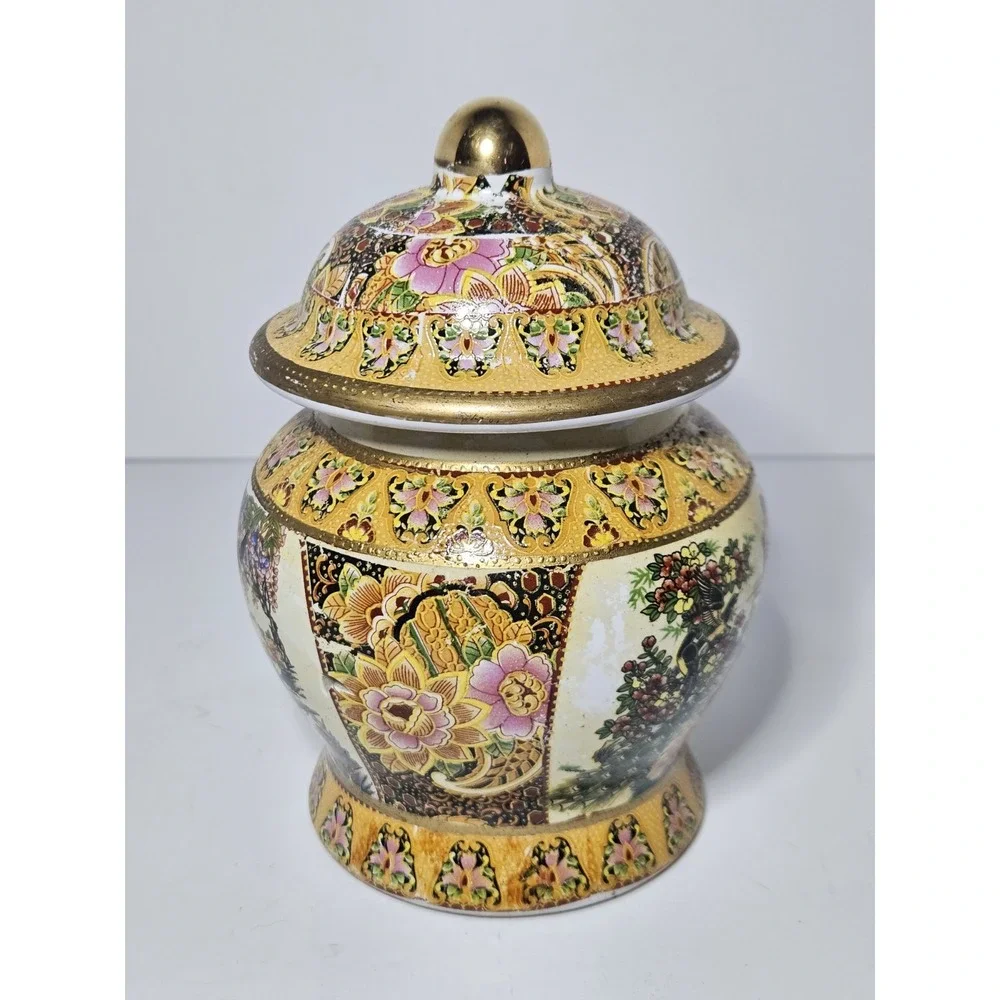Vintage Satsuma Style Covered Ginger Jar Gold Moriage Peacock Bird Floral Urn